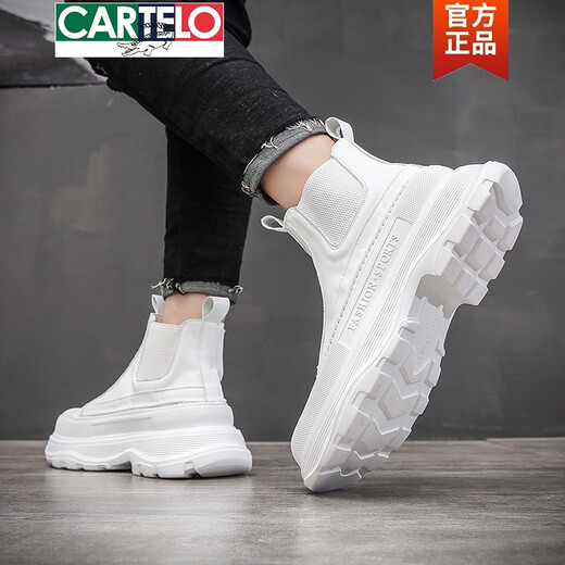 CARTELO White Martin Boots Men's 2025 New Autumn High-top Chelsea Leather Boots Thick Sole High-Elevated Chimney Work Boots White 39