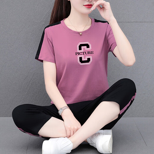NY-EMMA sports suit for women short-sleeved summer thin high-end fashionable age-reducing cotton casual and fashionable running suit two-piece set 687 orange (crop pants set) 3XL (recommended 140-155 Jin [Jin equals 0.5 kg])