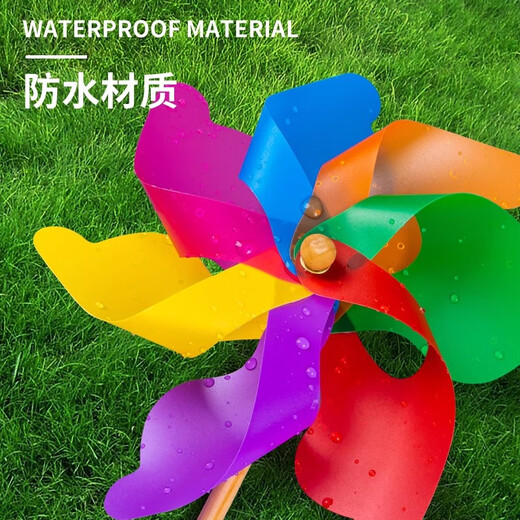 Molino de viento de siete colores con poste de madera, juguete para niños, tamaño exterior, hecho a mano, material de bricolaje, decoración de jardín de infantes, regalo, molino de viento de 24cm, 1 pieza