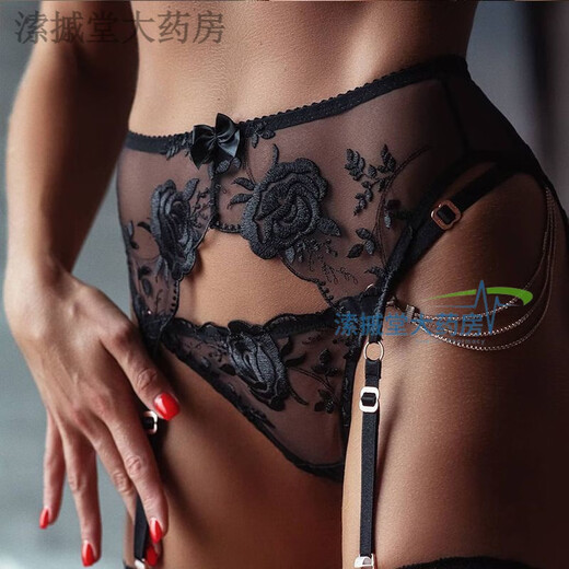 欧美性感女黑色蕾丝内衣刺绣黑玫瑰吊带袜薄款文胸吊袜带情趣套装 文胸+内裤+吊带袜 M(100-110斤)