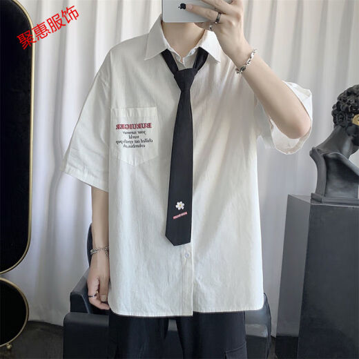 Gulayden short-sleeved shirt for boys, Korean style trendy loose casual all-match tie shirt summer trendy brand dk uniform college style handsome white [with tie] XL