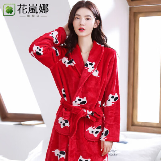 花岚娜（HUALANNA）秋冬季珊瑚绒睡袍女加厚中长款浴袍浴衣睡衣女士睡裙家居服法兰绒 大红睡袍Y702 L（适合85-130斤）
