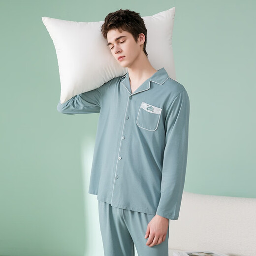 Fenton pure cotton anti-mite Fan Chengcheng's same style star's same style lapel simple cardigan men's cotton home clothes suit gray green-men's XL