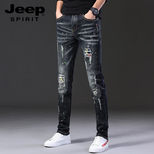 JEEP SPIRIT高端破洞牛仔裤男秋夏款潮牌刮烂弹力新款修身小脚夏季男士长裤子 687黑色 36
