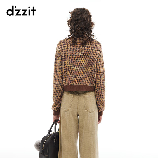 DZZIT star's same style Disu sweater winter retro elegant houndstooth design top for women khaki M