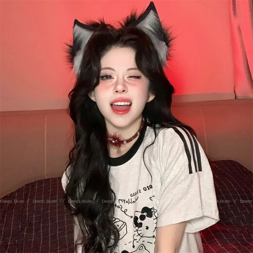 Ellilo Cat Ears Bell Headband Female Pure Desire Cos Fox Ear Plush Headband Wolf Ear Animal Ear Halloween Props Hair Accessory Wolf Ear Headband - Black Gray