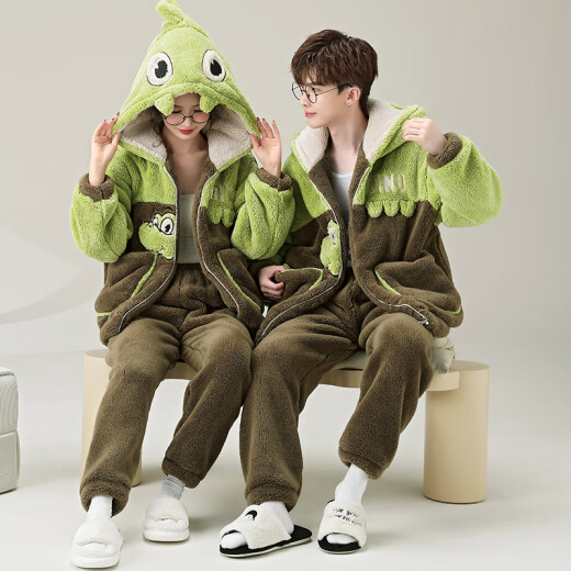 Jóvenes palabras de amor Pajamas en otoño e invierno, además de terciopelo engrosado para niñas, adolescentes, terciopelo de coral con capucha de ropa para el hogar de invierno ypf3895 dinosaurio macho XL (130-155Jin [Jin iguala 0.5 kg])