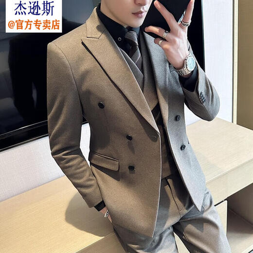 Jason's high-end woolen suit jacket men's autumn and winter business formal double-breasted casual suit suit Korean version slim black (suit + vest + pants) 3XL (150-165Jin Jin equals 0.5kg)
