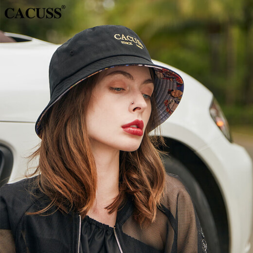 CACUSS hat men's and women's fisherman hat cotton spring and summer sunshade hat national trend embroidered outdoor sun hat basin hat black