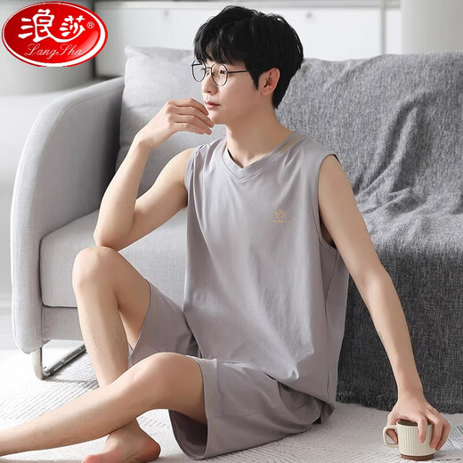浪莎（LangSha）睡衣男士夏季薄款莫代尔背心无袖短裤冰丝凉感夏天大码家居服套装 A-12023 L