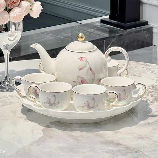 Ruishun high-end tea set wedding gift new style ceramic water cup teapot teacup living room hospitality gift for housewarming Golden lotus dolphin tea set