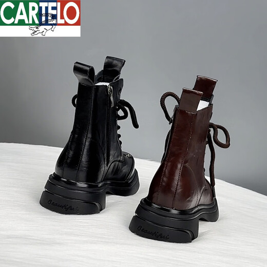 CARTELO leather Martin boots for women 2024 new autumn British style European products ins trendy slim thick-soled short boots burgundy (added velvet style) 38