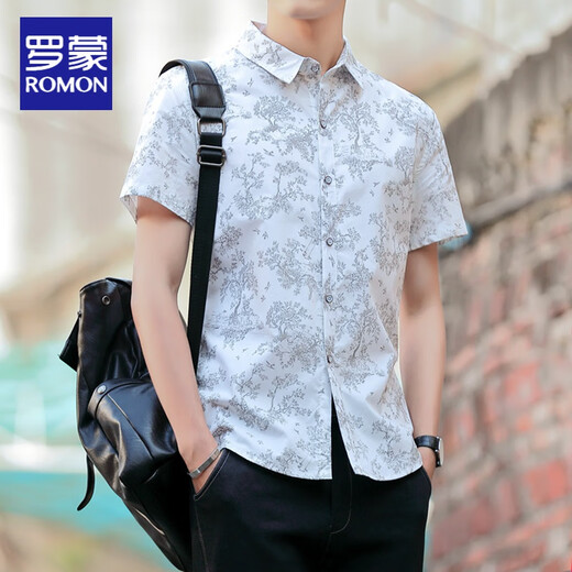 
ROMON summer printed shirt men's short-sleeved floral youth trendy slim Korean version green cotton casual floral shirt thin 9903 red L 110-125Jin [Jin equals 0.5 kg]