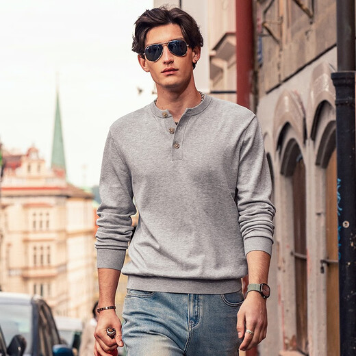 Mr. Bu Henry collar pure cotton sweater long-sleeved men's 2023 spring and autumn new retro casual men's wear BT12255 light gray 2XL (185)