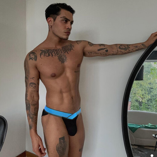 Low-waisted summer men's briefs, hip-raising, high-slit, fitness-looking, thin, breathable bag thong, T-pants, black XL