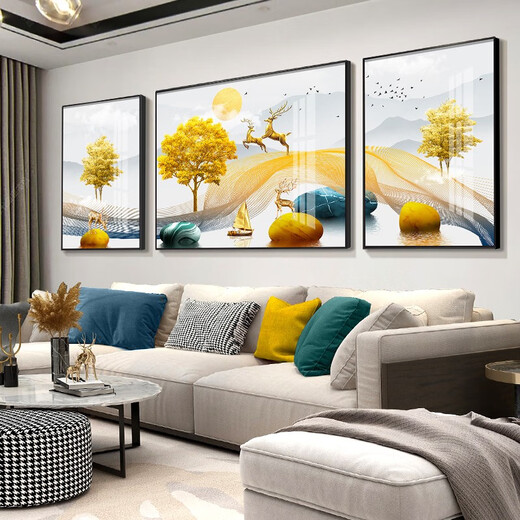 Mo Painting Lulin Modern Simple Living Room Decoration Painting New Chinese Sofa Background Wall Mural Landscape Painting Hall Triple Scenic Hanging Painting 6-Golden Lu Fulu 14134 Mirror Crystal Porcelain Middle 80*60 Side 40*60 Black Frame