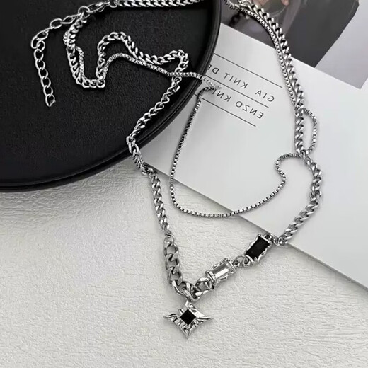 Jingji Star Double Layer Necklace Men's Trendy Clavicle Chain Hip Hop Style Advanced Pendant Fashion Jewelry Ins Light Luxury Style Star Double Layer Necklace 44+8cm