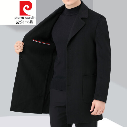 Pierre cardin double-sided cashmere coat men's mid-length wool wool coat spring and autumn casual suit collar windbreaker black 175/size