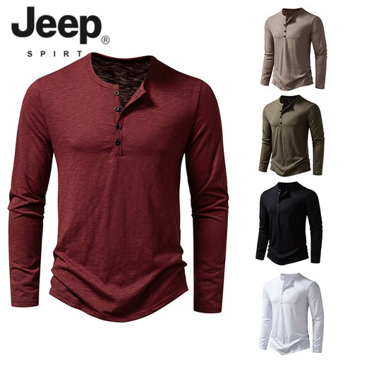 JEEP SPIRIT American retro heavyweight long-sleeved bottoming shirt autumn long-sleeved Henry shirt men's fitness tough guy army green T-shirt long sleeve khaki M