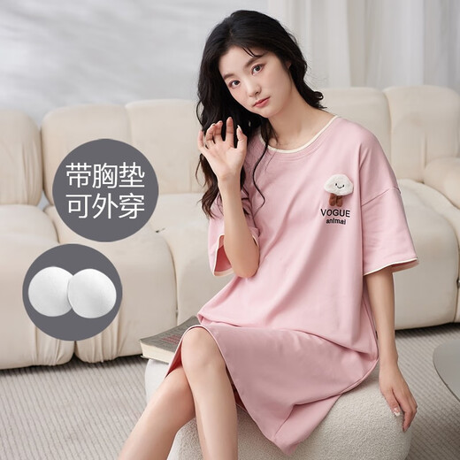 LangSha (LangSha) nightgown with chest pad pajamas for women in summer short-sleeved thin cotton home clothes for summer girls student onesom skirt LYSM702 L Recommended 160-165CM/ 100-120Jin [Jin equals 0.5 kg]
