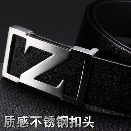 LUGAYE鹿戛野520男士真皮Z扣字母头层纯牛皮青年腰带板扣平滑扣商务休闲裤带 6621 银色Z字扣 雅致黑 3.5CM 105cm