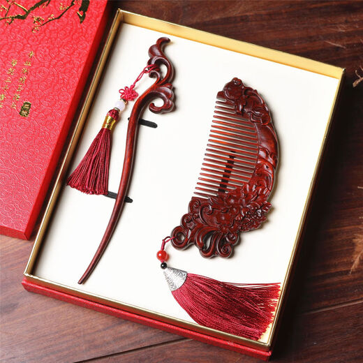 Meng Junchen red sandalwood comb handmade jade rabbit comb hairpin set for wife, girlfriend, mother's birthday, Valentine's Day gift, peach blossom gift box set