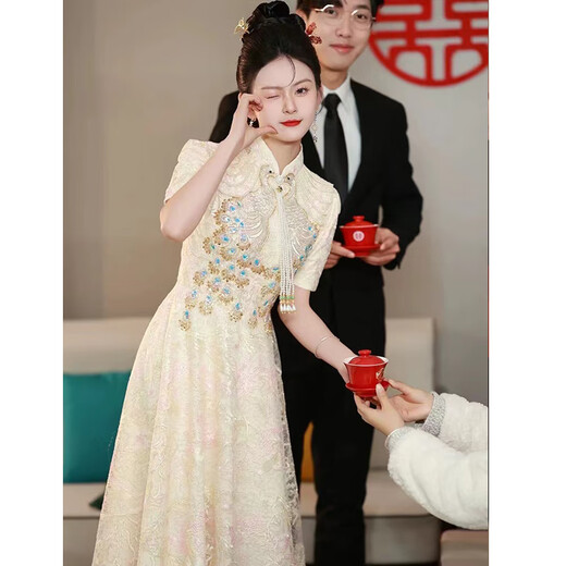 麦斯贝思新中式2025新款旗袍敬酒服新娘小个子订婚礼裙女晚礼服平时可穿 香槟色 S（建议86-95斤)