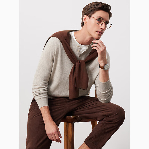 By Creations Machine washable Perpin 12-gauge easy-care cardigan men's Henry collar business casual warm pullover sweater Oatmeal M