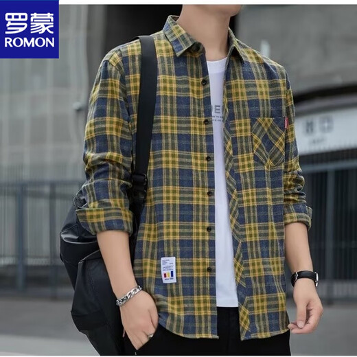 罗蒙（ROMON）格子休闲衬衫男士春秋季长袖衬衣韩式上衣服复古宽松秋季薄款外套 K12111青黄色 M 90-110斤
