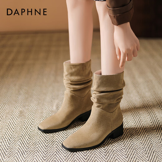 Daphne Western Cowboy Pile Boots Kurze Stiefel Damen 2025 Neu Herbst und Winter Retro Wildleder Spitze Martin Stiefel Damen Neu Khaki 38