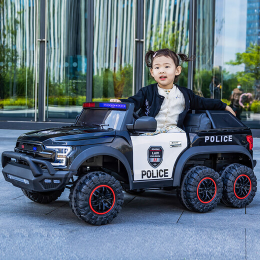 WORK BABY children's electric car four-wheel remote control toy car can sit in adult off-road parent-child car child baby double police car parent-child black six-drive + EVA soft wheel electric drive