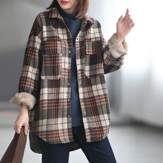 Shaqi mid-length shirt women's loose plaid retro Hong Kong style shirt jacket 2021 new arrival coffee grid without velvet one size fits all (95-145Jin [Jin equals 0.5 kg])