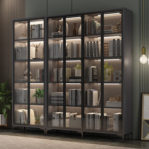 Puerta de vidrio de estantería de Zaitang Luz moderna Gabinete de exhibición de gabinete a prueba de polvo de lujo con puertas y almacenamiento de gabinete de soporte Combinación de gabinete estrecho Gabinete 120*30*15844 Vidrículas grises de marco negro