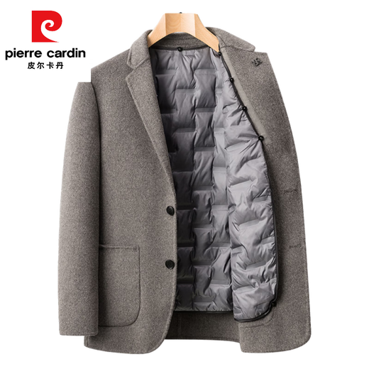皮尔卡丹（pierre cardin）双面呢外套男羊毛呢子西装商务休闲西服冬季加绒加厚短款毛呢大衣 灰咖色 【可脱卸羽绒内胆】 170/M【建议95-115斤】