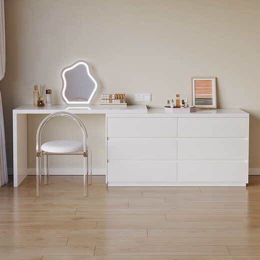 Bedside cabinet bedroom dresser storage cabinet combination multifunctional dressing table bedside cabinet ins modern simple a white oak grain + warm white 1 point 3 meters retractable dressing table + stool