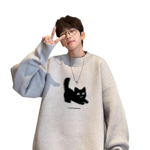 MASFANY小猫毛衣男秋冬季加厚日系慵懒风oversize线衣宽松情侣打底针织衫 NYM854灰色 L
