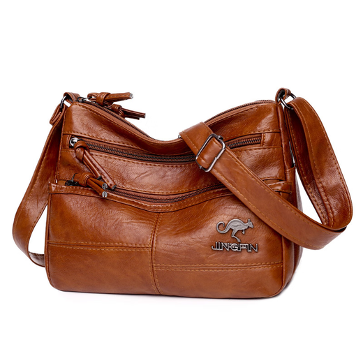 Qingou 2025 new soft leather women's bag trendy mother large capacity soft leather atmospheric middle-aged and elderly single-shoulder crossbody bag FSG k686 retro trendy zipper-black
