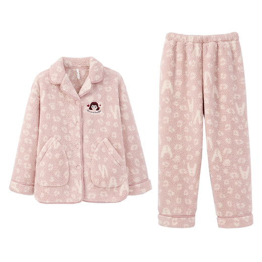 Anzhiban Couple Pajamas Autumn and Winter Warm and Anti-static Northern Lambswool Casual Loose Long Sleeve Men's and Women's Home Clothing Set Peach Pink S