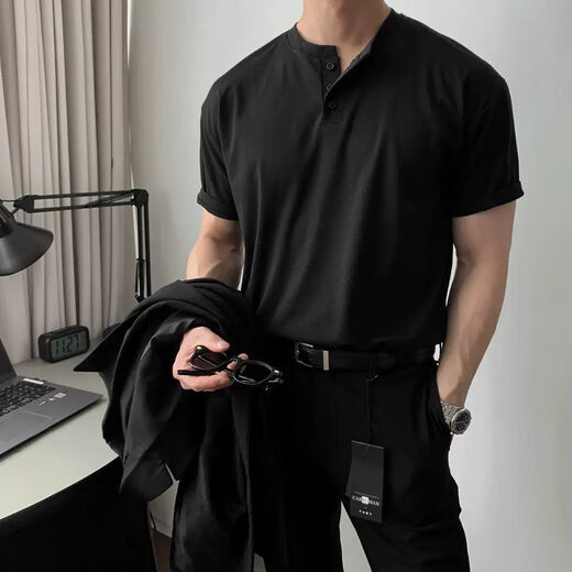探锋鸟新款亨利领T恤衫男polo美式复古短袖成熟稳重健身运动硬汉风韩版 黑色高品质 2XL