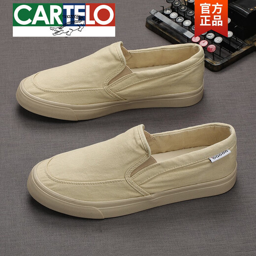 卡帝乐鳄鱼（CARTELO）男鞋2025年夏季新款低帮透气一脚蹬懒人百搭软底休闲板鞋帆布鞋男 黑卡 22318 40