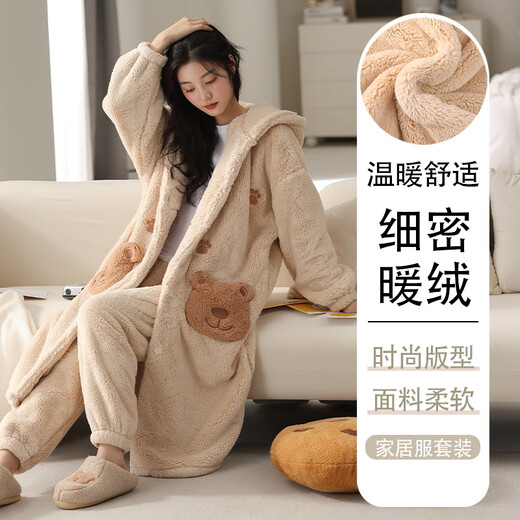 猫人睡袍女睡衣睡裙秋冬款冬季加厚加绒保暖珊瑚绒长款大码家居服 M6195 M ( 建议70-95斤)