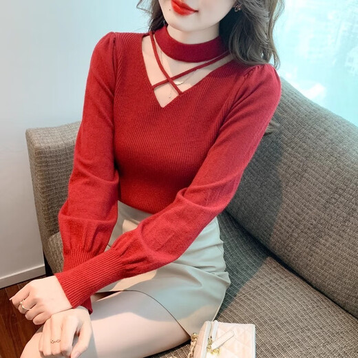 AEMAPE sexy hollow half turtleneck knitted bottoming shirt for women in autumn and winter fashionable style with lantern sleeve top and versatile sweater, apricot color, one size fits all (80-135Jin Jin is equal to 0.5 kg)