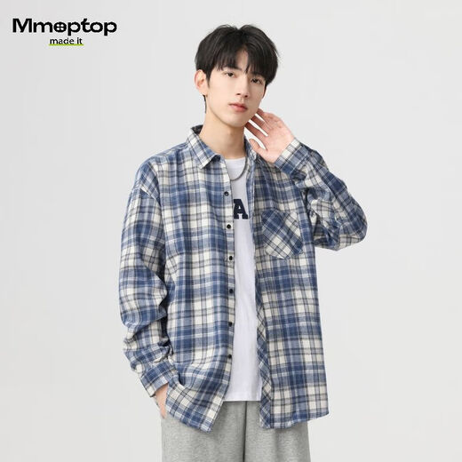 MMOPTOP日系复古长袖格子衬衫男士秋冬季潮流宽松休闲衬衣2209深蓝XL