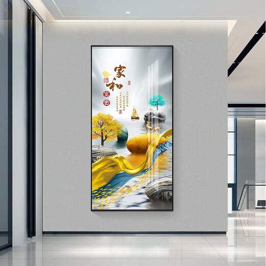牧邻玄关装饰画新中式轻奢现代简约背景墙壁挂画免打孔走廊过道镶钻画 12243福鹿呈祥 晶瓷70*140黑框 墙宽101-120