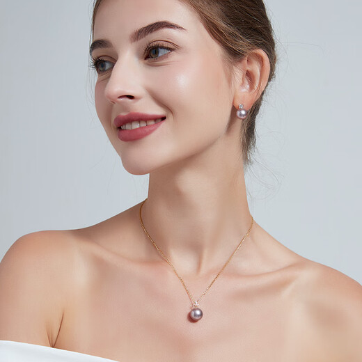 Haitong Jiuzilihuo 18K gold diamond purple freshwater pearl pendant single simple crown necklace gift for women minor flaws 10-11mm