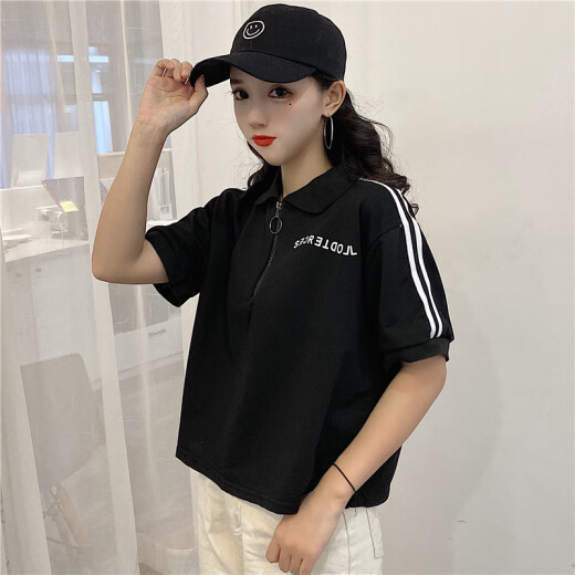 [Brand Direct] Short Polo shirt short-sleeved T-shirt women's summer Korean style loose ins trendy student bf Harajuku Hong Kong style simple top clothes black M