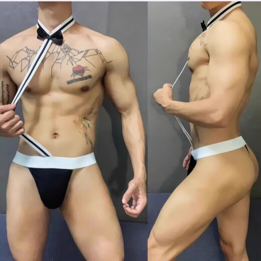 Low-waist underwear, sexy empty back tie, collar bag, sexy suit, gay men's thong jumpsuit, black tie, one size fits all