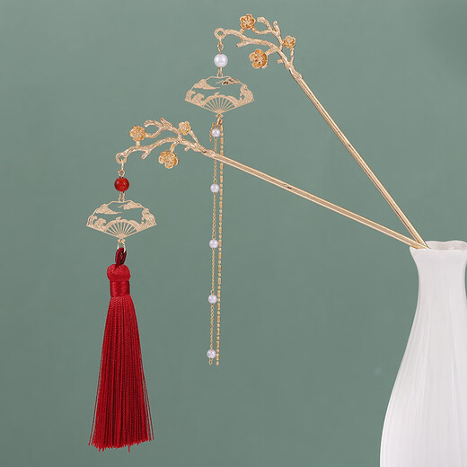 QBILY hairpins 2 pieces in a pack, new Chinese hairpins, ancient style cheongsam, bridal steps, tassels, women's Hanfu horse skirt accessories, jade fan style + plum blossom charm, 2 pieces in a pack