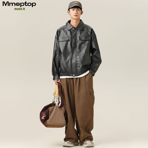 MMOPTOP潮牌美式鳄鱼纹PU皮衣外套男士春秋季翻领机车夹克YH26 黑色 L