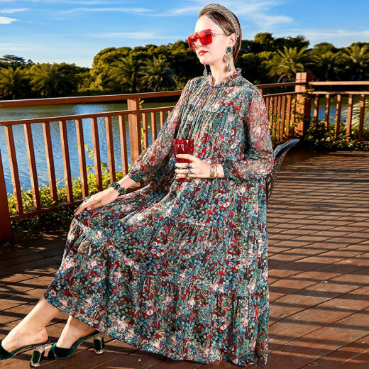 Taoyanshuo (TAOYANSHUO) Taoyanshuo spring women's floral mulberry silk long-sleeved casual dress women's temperament long silk pattern XL